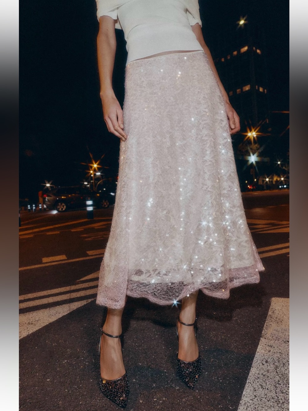 New ZARA Sequined Knit Midi Skirt
